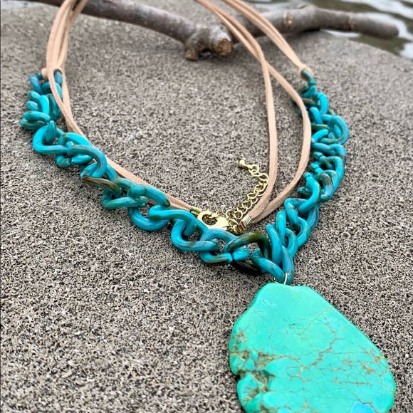 Barse Double Leather Strand Turquoise Resin Link Turquoise Magnesite Necklace - Picture 4 of 5